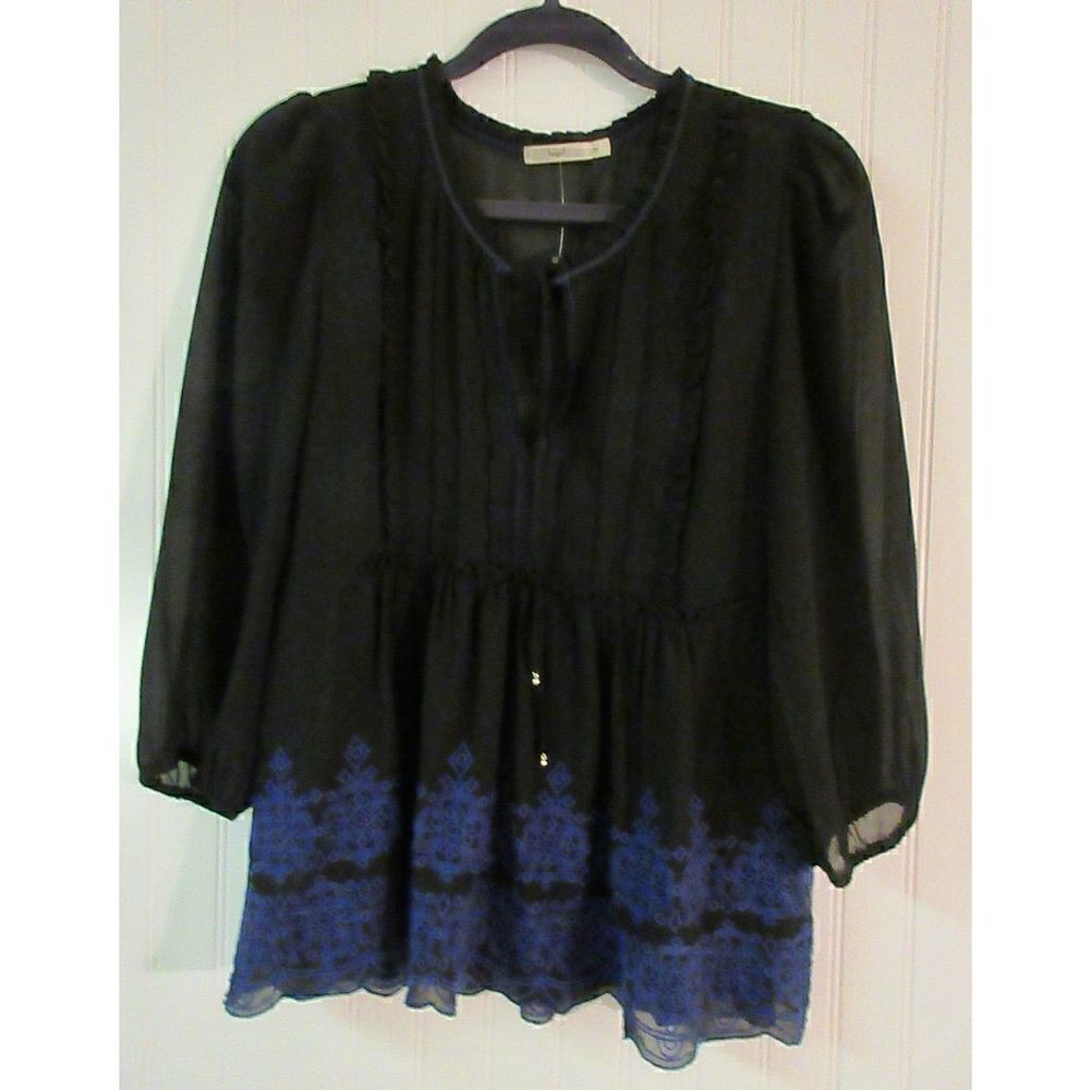 Hazel tunic top blouse black w/blue embroidery sz Medium
